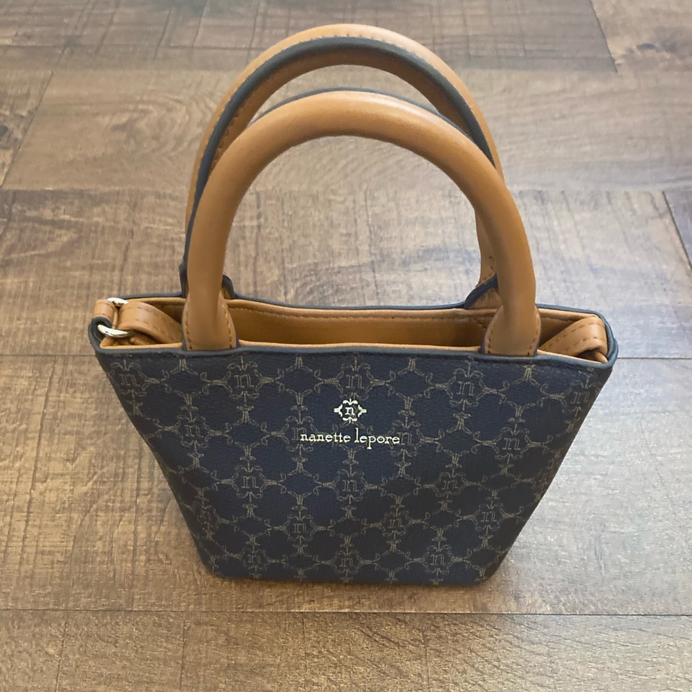 Nanette Lepore Brown/Tan Monogram Mini Satchel Crossbody Purse Ladylike EUC